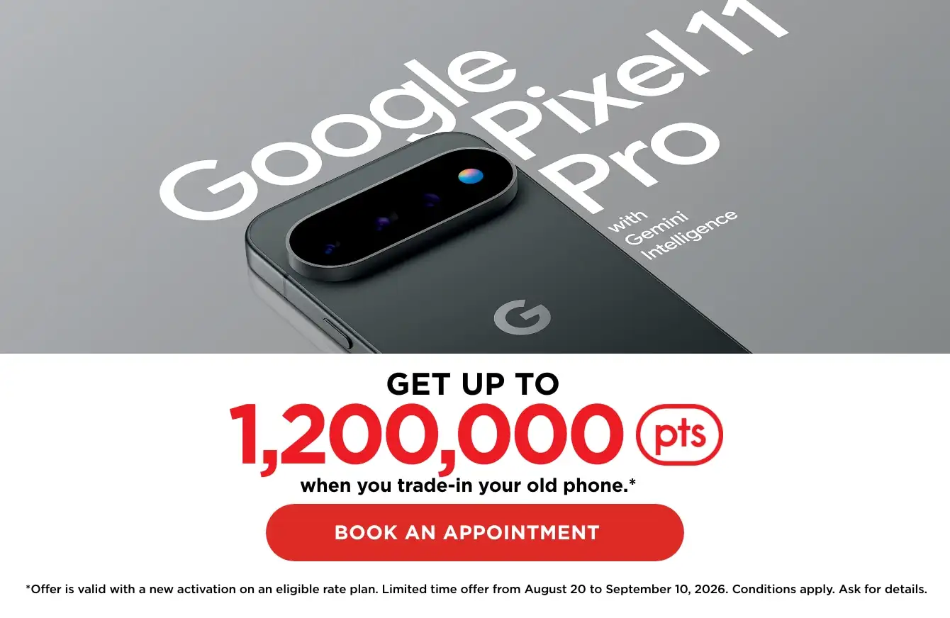 The back of silver google pixel 11 pro pictured below "Google Pixel 11 pro" next to a red rectangle containing "Get up to 1,200,000 points"